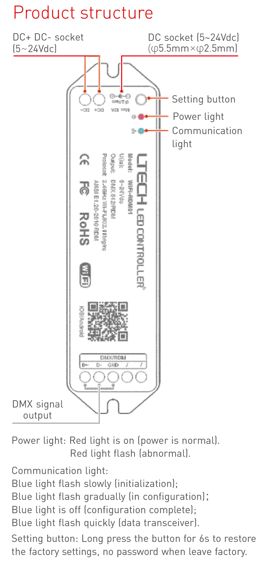 RDM Wi-Fi master Controller, 2.4GHz Wi-Fi , 802.11b/g/n/ANSI E1.20-2010 RDM, 5-24Vdc O/P, DMX 512/RDM O/P, IP20. WIFI-RDM01  LTECH DMX Controller